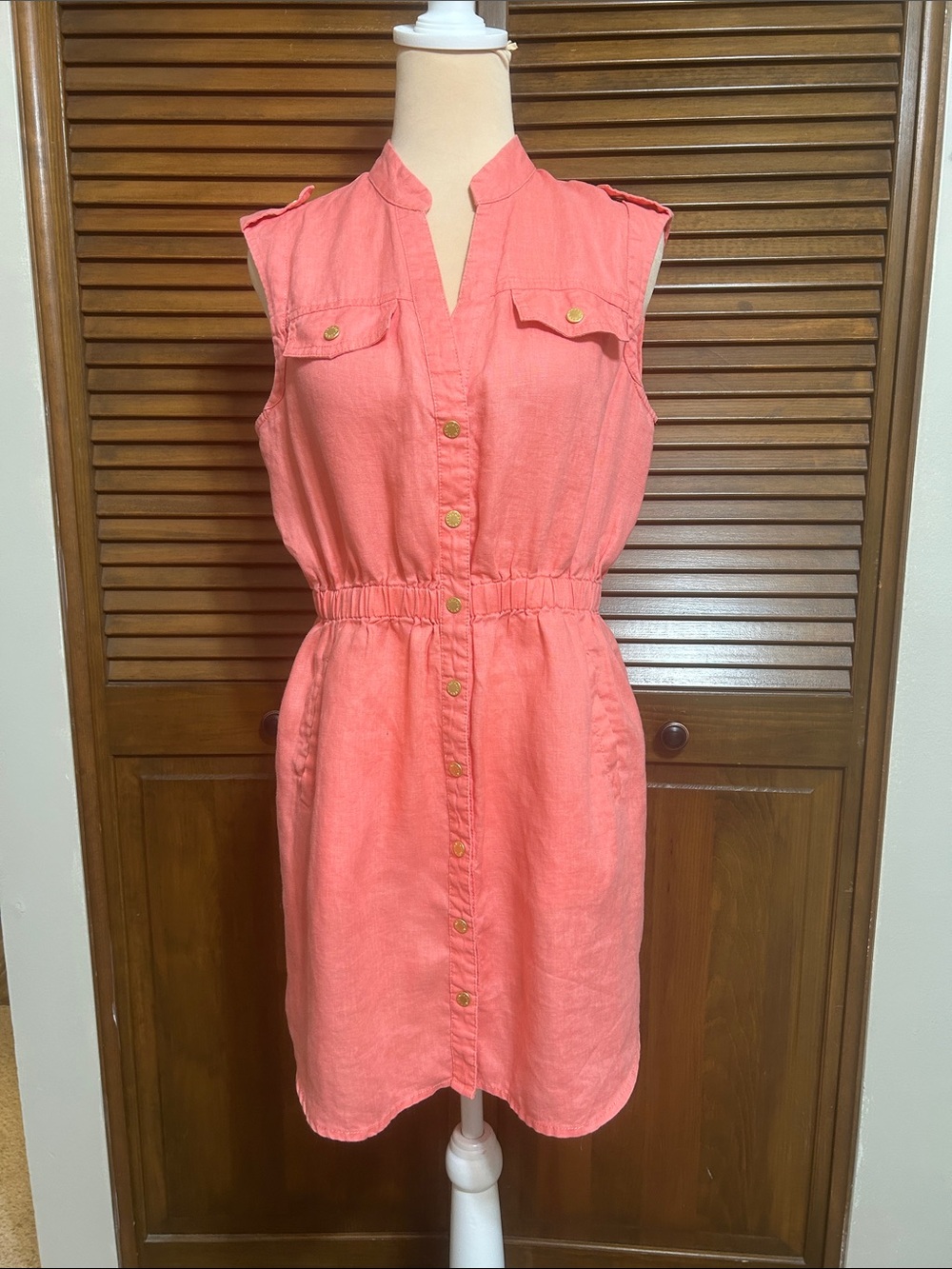 Guess Coral Snap Button Front Sleeveless Utility Linen-Cotton Dress Size M